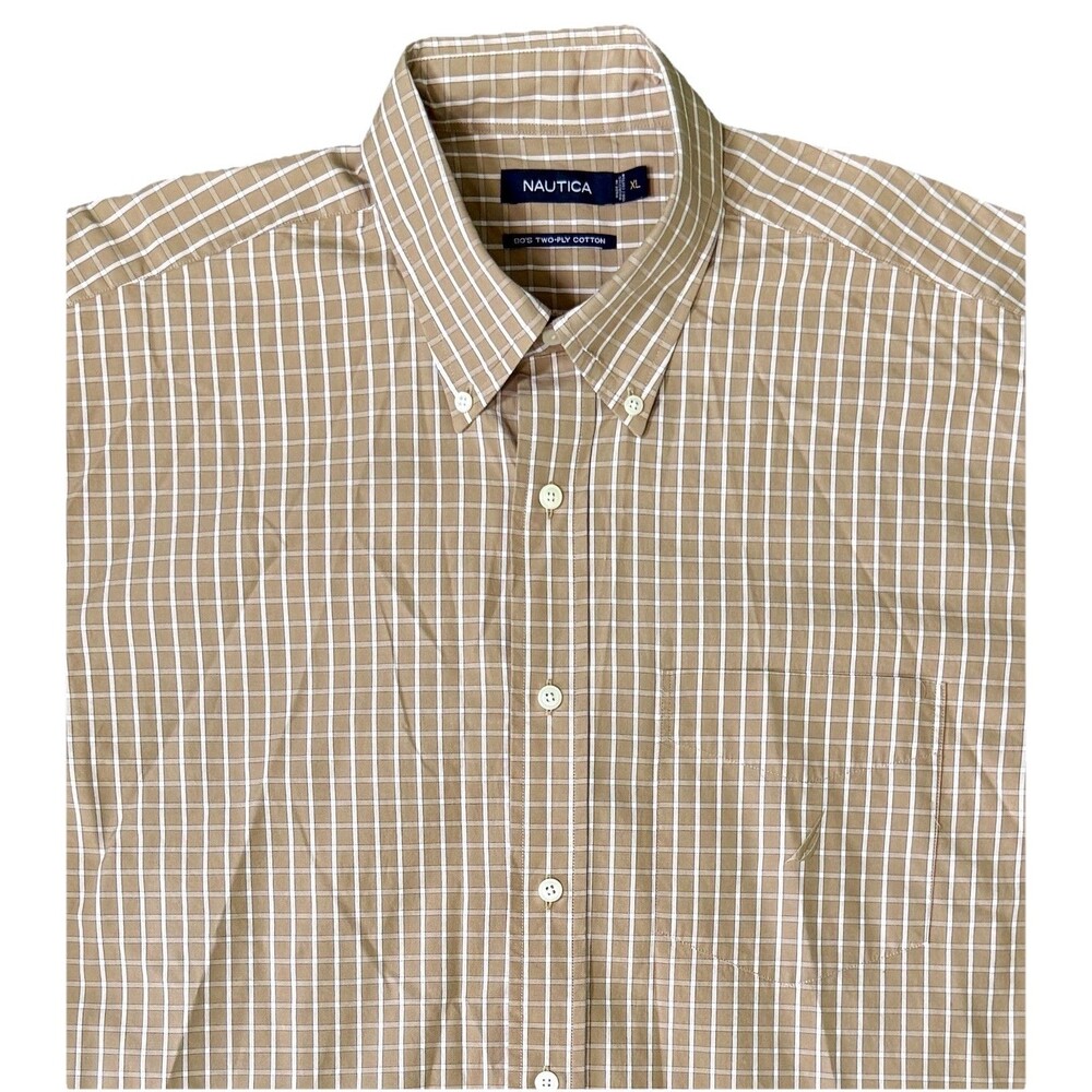 Nautica Mens Brown Plaid 100% Cotton Long Sleeve Button Front Shirt Size XL